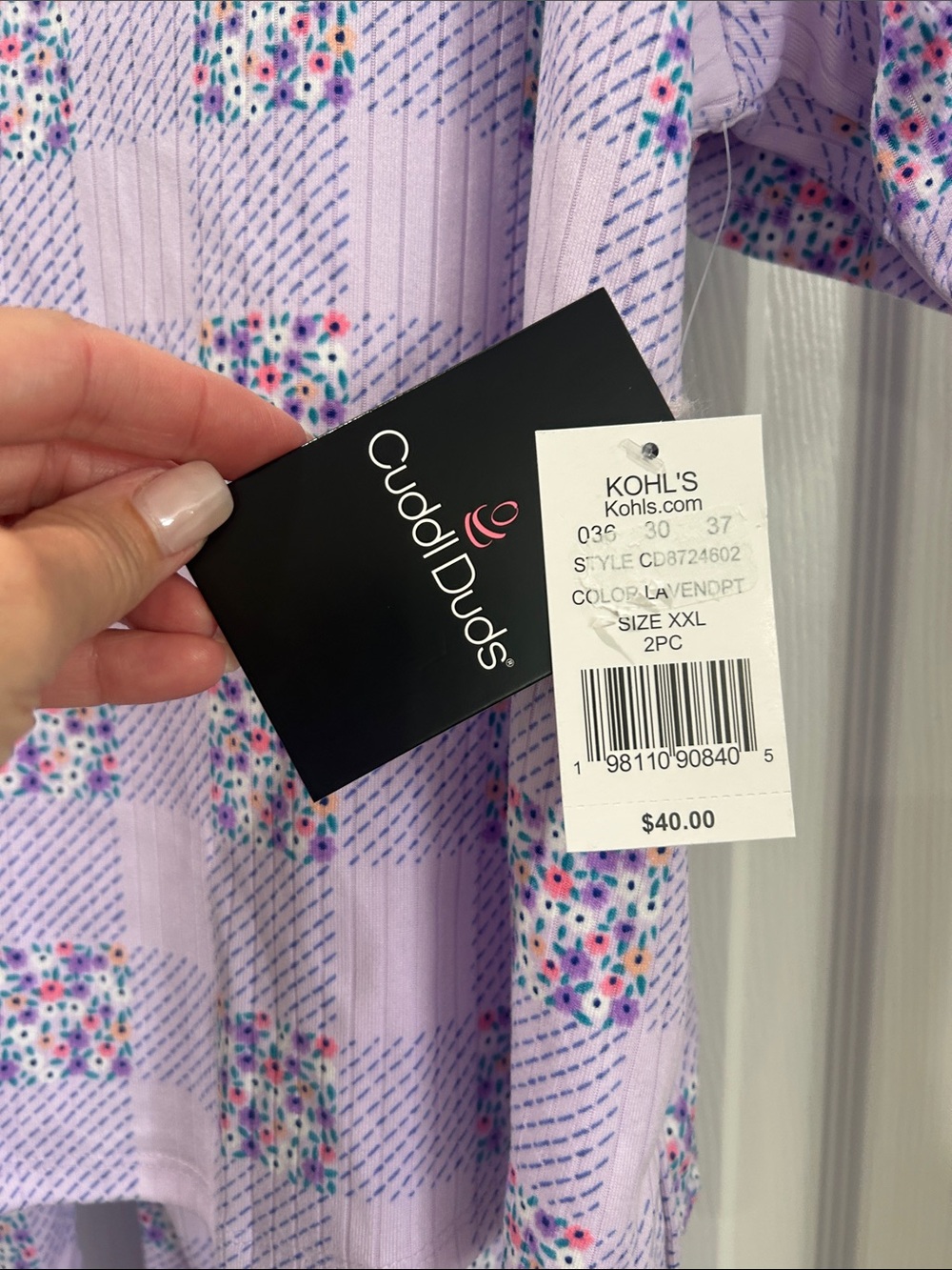 Cuddl Duds Lavender Floral Check Pajama Set, Plus Size, XXL, NWT